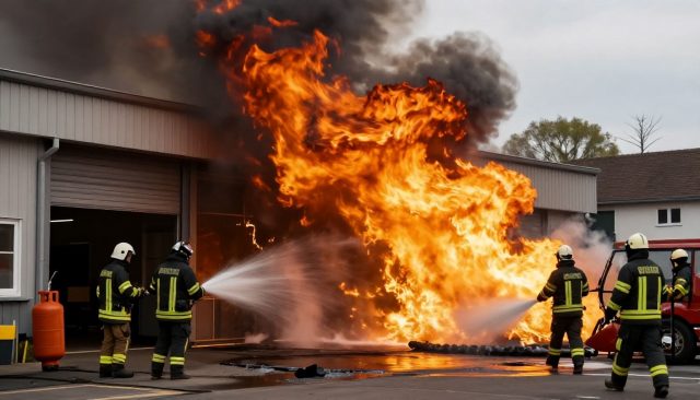 Brandweer blust grote brand in Genemuiden na explosie gasfles bij bedrijfsgebouw