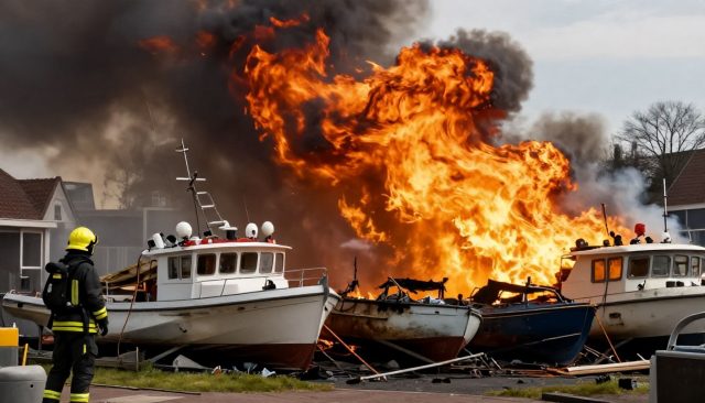 Brandweer blust grote vuurzee bij Werkendam na explosie in 12 boten